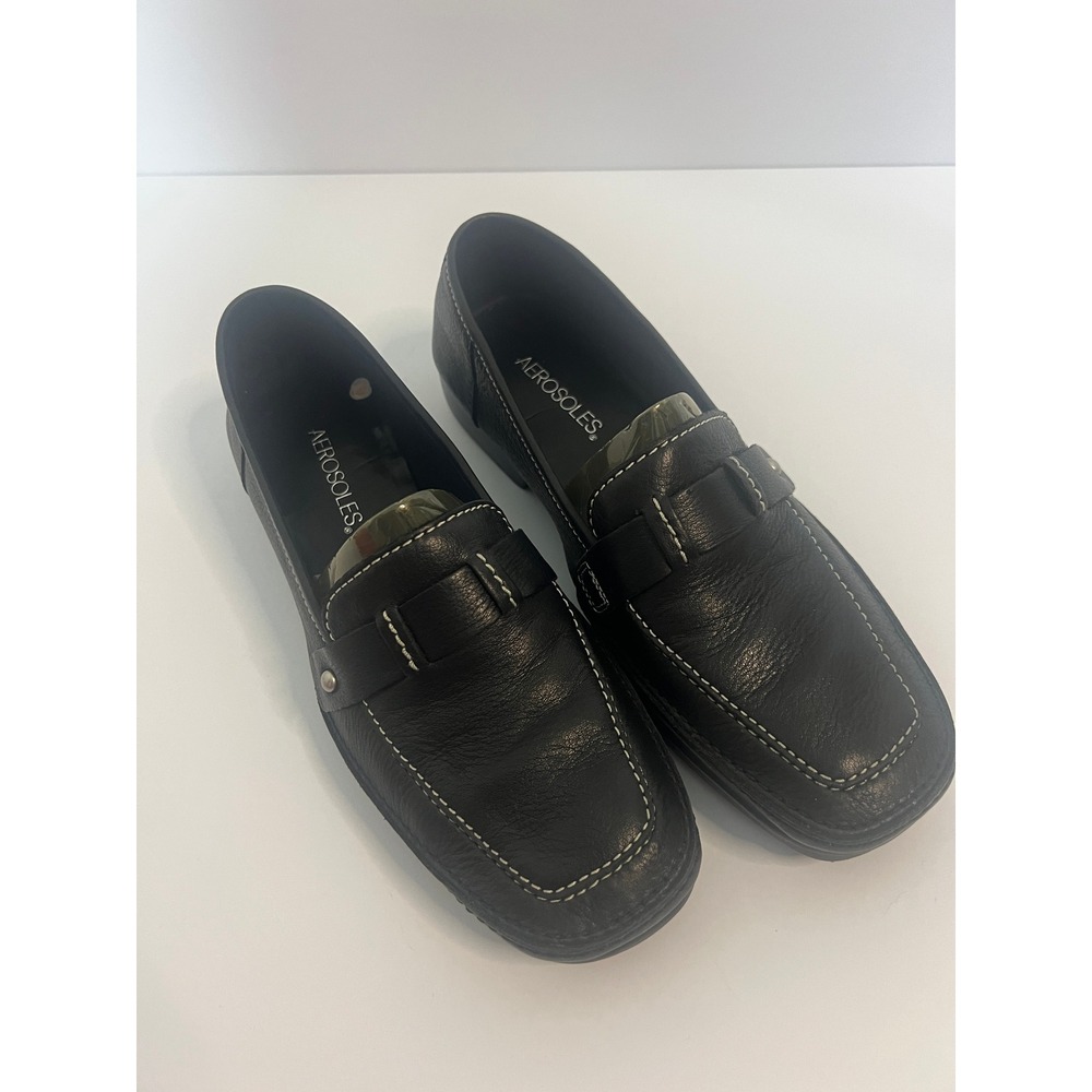 Aerosoles Womens Black Leather Loafers Square Toe Contrast Stitch Shoes Size 8.5
